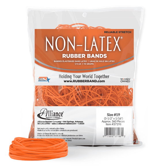 Alliance Rubber 37198 Non-Latex Rubber Bands - Size #19 (3 1/2" x 1/16") 1/4 lb. bag contains approx. 360 bands - Orange
