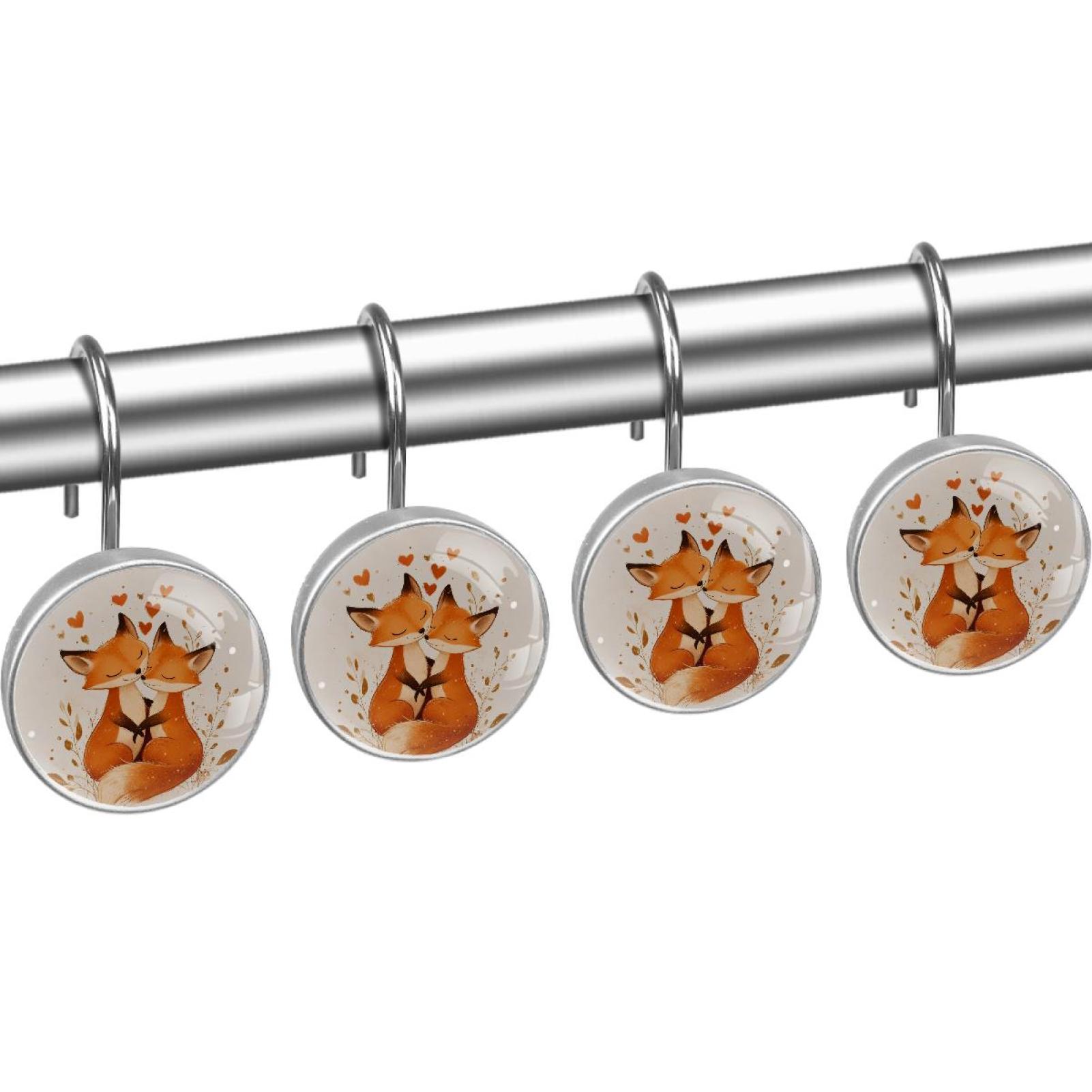 Foxes with Hearts Shower Curtain Hooks Round Crystal Glass, Set of 12 Shower Curtain Rings - Shower Hooks for Curtain Shower Rings