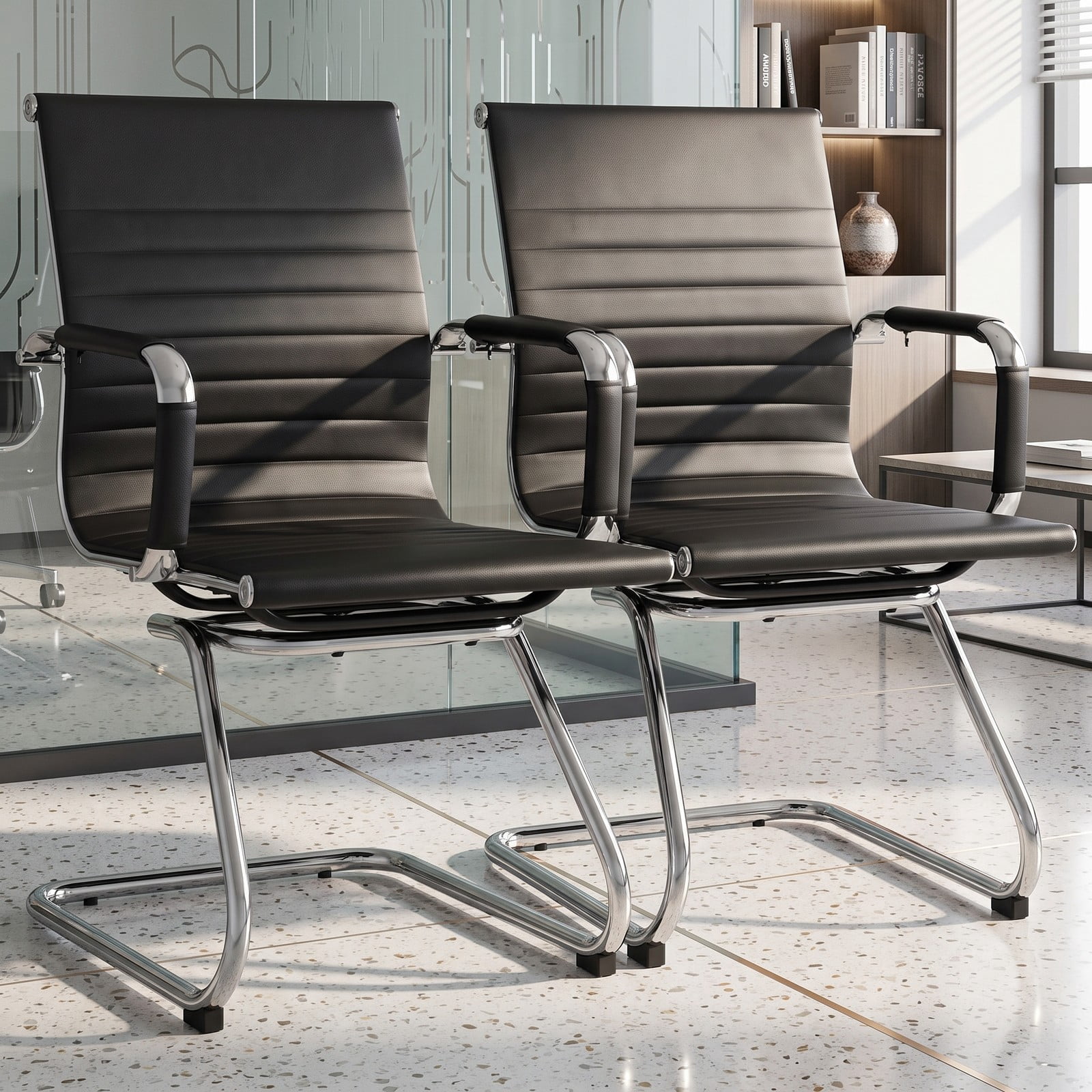 Furnibear Set of 2 Heavy Duty Conference Chair with PU Leather, Ergonomic Guest Reception Chair with Sled Base and Armrests for Office Home Waiting Room, Black