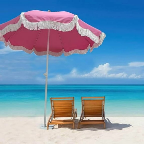 Pink 6.5ft Market Patio Umbrella with Fringe, Tilt, Adjustable Height, UV50 , Waterproof