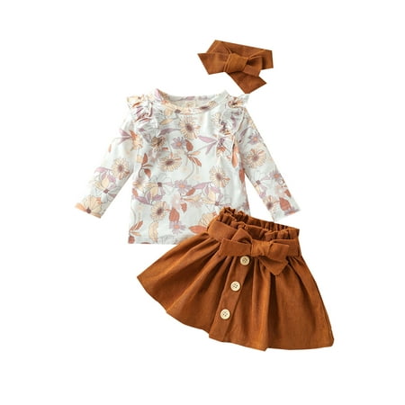 

Binpure 3Pcs Kids Tracksuit Girls Floral Round-Neck Long Sleeves Tops + Buttons Skirt + Headband