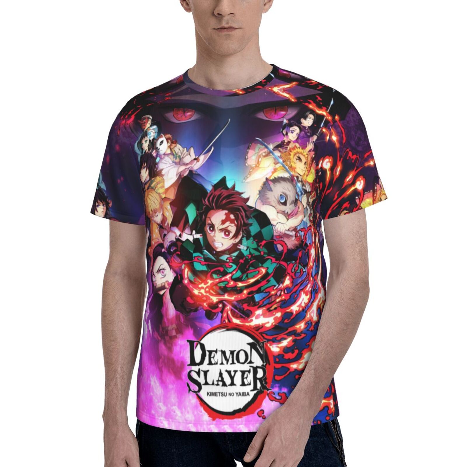 T-shirt Homme Demon Slayer Tanjiro - Motif 'Feu Souffle Combat' - Coton 100%, Imprimé En Allemagne