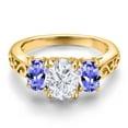 thumbnail image 3 of Gem Stone King 18K Yellow Gold Plated Silver White Moissanite and Blue Tanzanite Filigree Style 3 Stone Ring for Women (2.40 Cttw, Oval 8X6MM and 6X4MM) (Size 7), 3 of 6