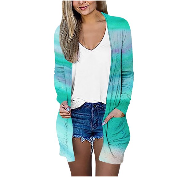 ZQGJB Lightweight Thin Jackets for Women Trendy Tie Dye Gradient Printed Long Sleeve Open Front Kimono Cardigan Tops Loose Sweaters Coat Outwear with Pockets Multicolor#01 M