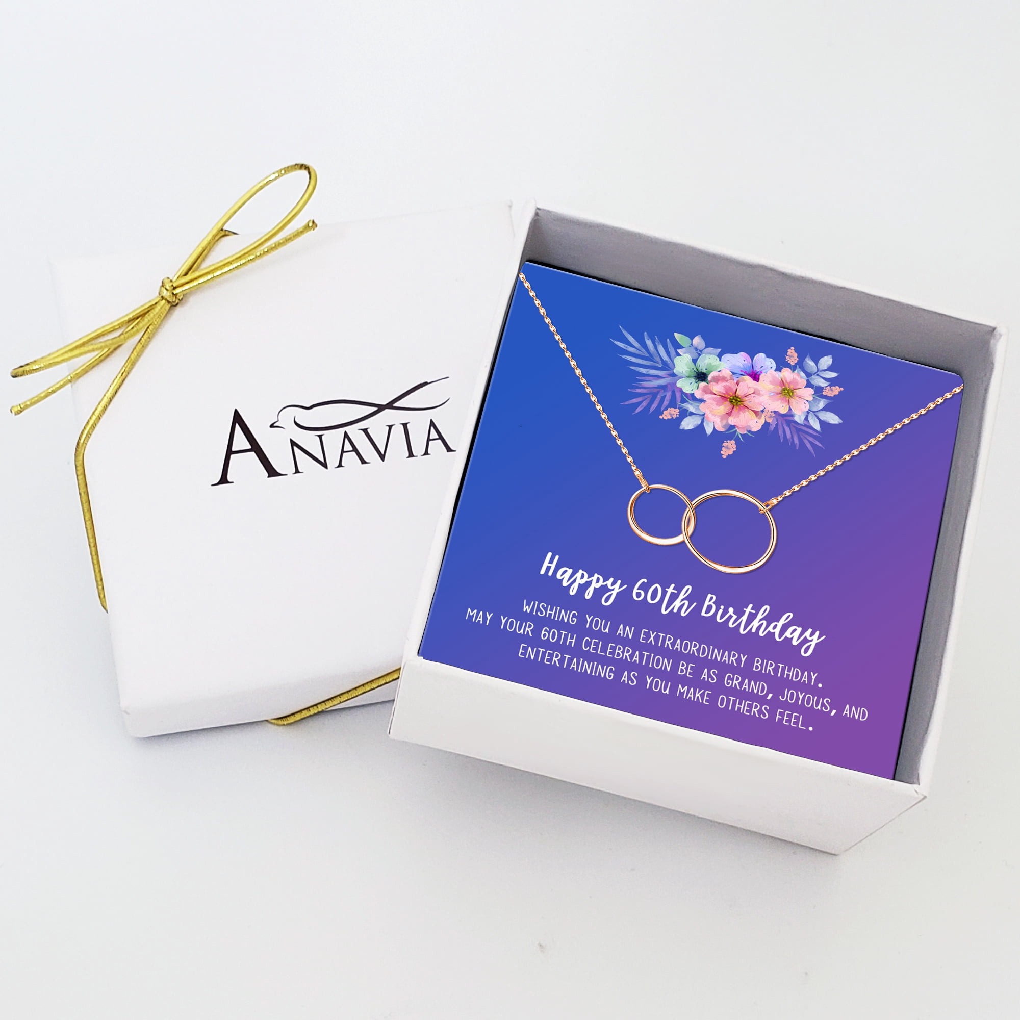 Anavia Happy 60st Birthday Gifts Stainless Steel Fashion Necklace Birthday Card Jewelry Gift for Her, Birthday Gift for Grandma-[Rose Gold Infinity Double Ring, Blue-Purple Gift Card]