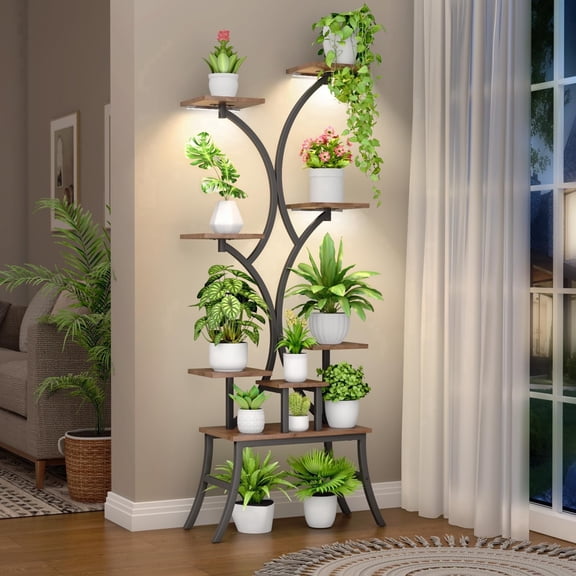 63“ Plant Stand Indoor with Grow Lights - 8 Tiered Tall Metal Plant Shelf - Corner Wooden Plant Stand for Indoor Plants Multiple, Half Moon Plant Stand for Living Room, Garden, Patio Decor