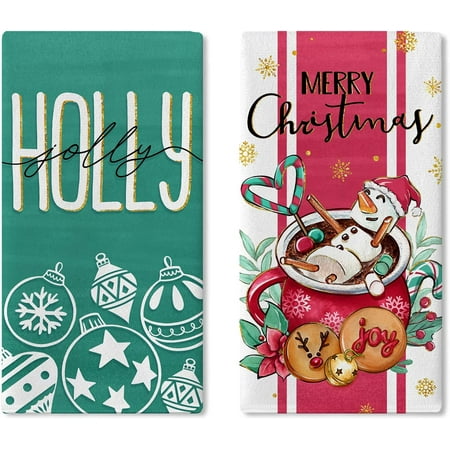 

Merry Christmas Hot Cocoa Kitchen Dish Towels Set of 2 Green Xmas Ball Drying Hand Towels Holly Jolly Baking Cooking Cloth Funny Holiday Winter Home Kitchen Decoration 18 x 26 Inch