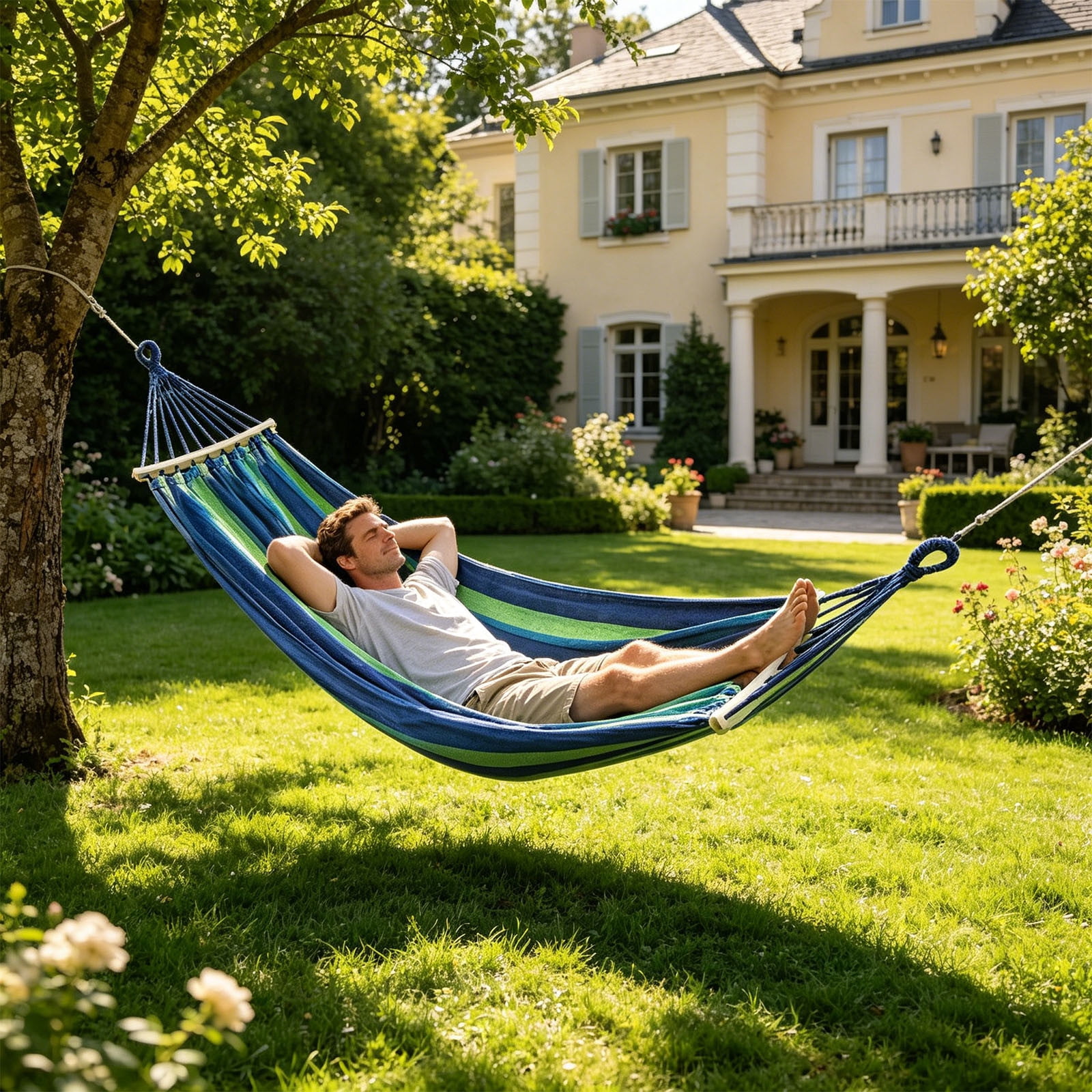 Double Hammock, 2 Person Extra Large Total Length Load 500lb Canvas Cotton Hammock for Patio Porch Garden Backyard Lounging Outdoor and Indoor Blue