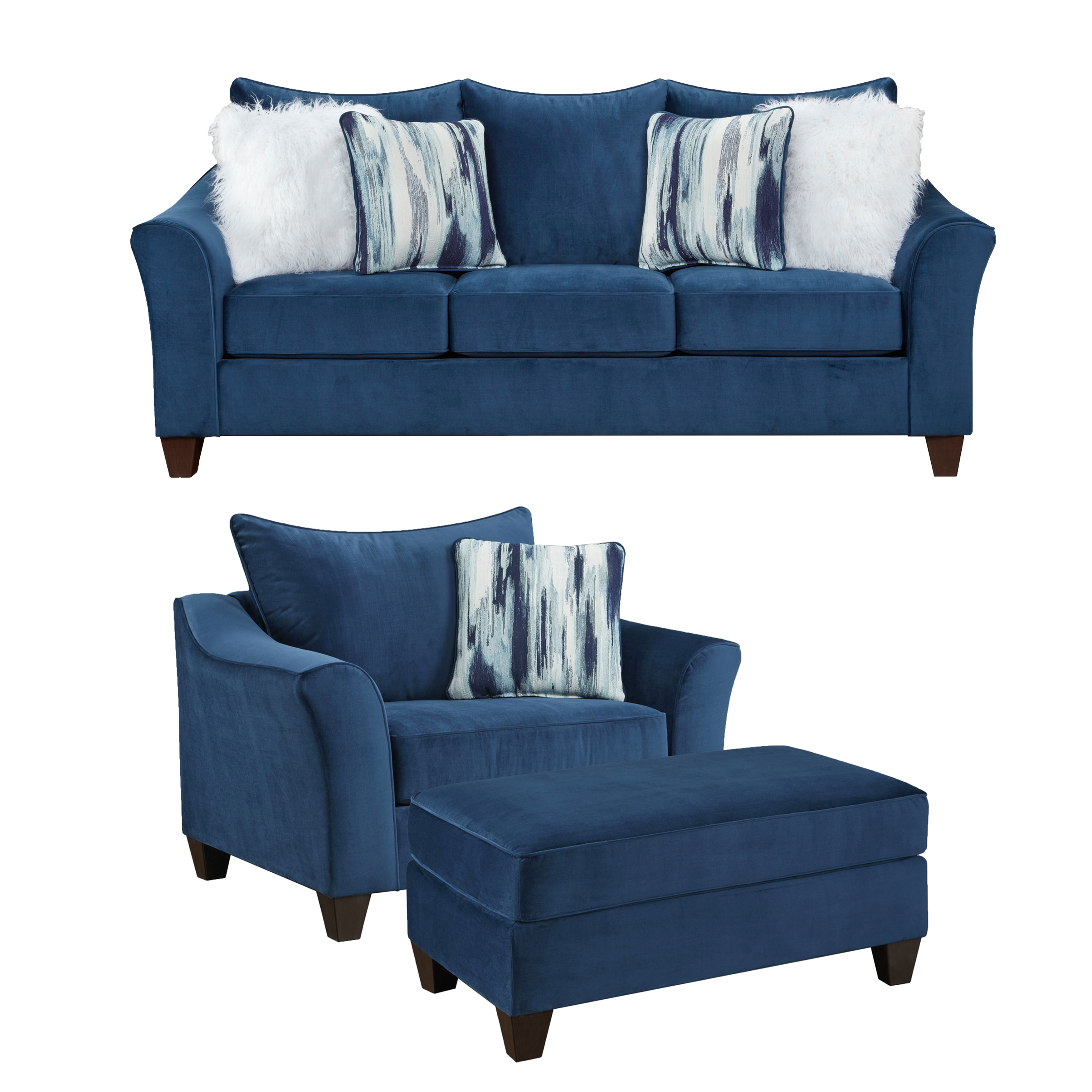 Roundhill Furniture Camero Pillowback 3Piece Sofa Set, Fabric, Navy