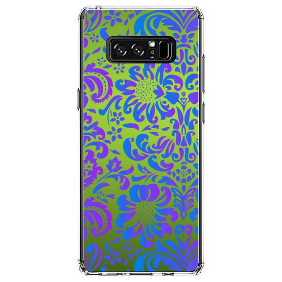 DistinctInk Clear Shockproof Hybrid Case for Samsung Galaxy Note 8 - TPU Bumper, Acrylic Back, Tempered Glass Screen Protector - Green Purple Blue Floral Pattern