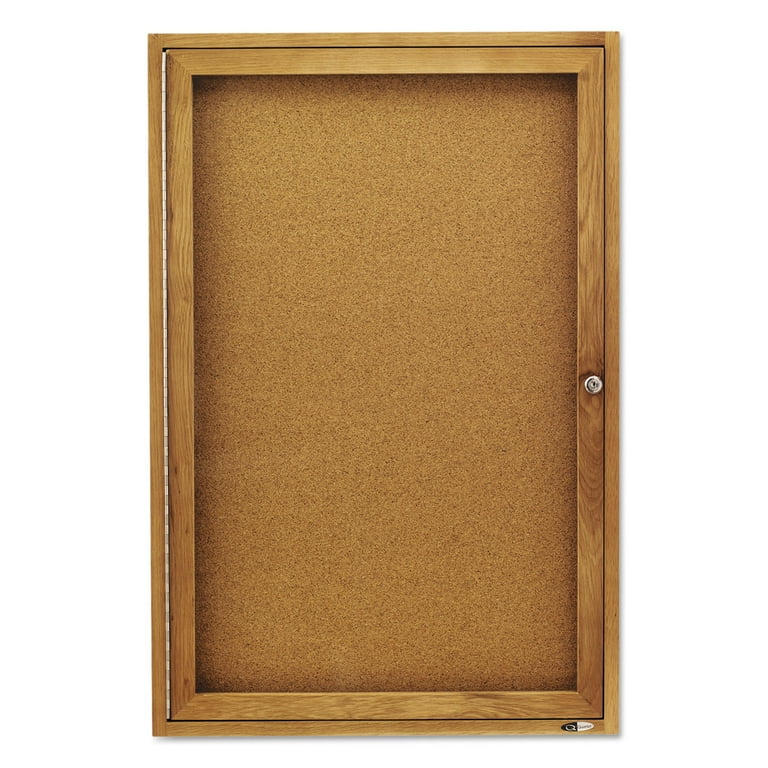 Enclosed Indoor Cork Bulletin Board with One Hinged Door, 24 x 36, Tan Surface, Oak Fiberboard Frame Enclosed Indoor Cork Bulletin Board with One Hinged Door, 24 x 36, Tan Surface, Oak Fiberboard Frame