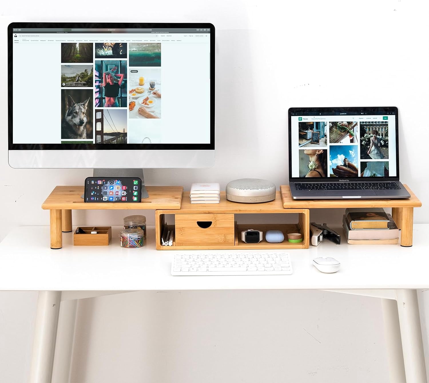 Dual Monitor Stand Riser with Drawer for Desk Laptop Shelf Adjustable Length Angle  Computer Stand for 2 or 3 Monitors Screen PC TV Natural