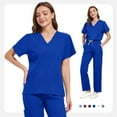thumbnail image 6 of Nurse Uniforms for Women 2 Piece Solid Summer Scrubs Sets Stretchy V-Neck Top and Pants with Pockets Casual Nursing Workwear Outfits 2025 Blue L, 6 of 6