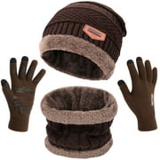 3Pcs Women Beanie Hat Winter Knit Neck Warmer Scarf and Touch Screen Gloves Set