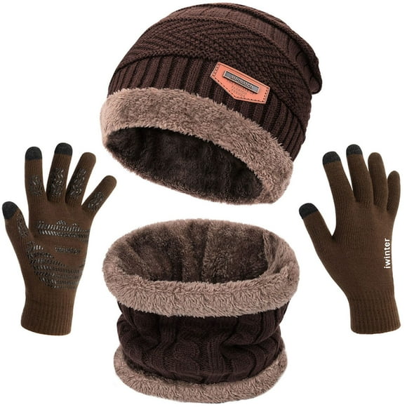 Women Beanie Hat Winter Knit Neck Warmer Scarf and Touch Screen Gloves Set 3Pcs