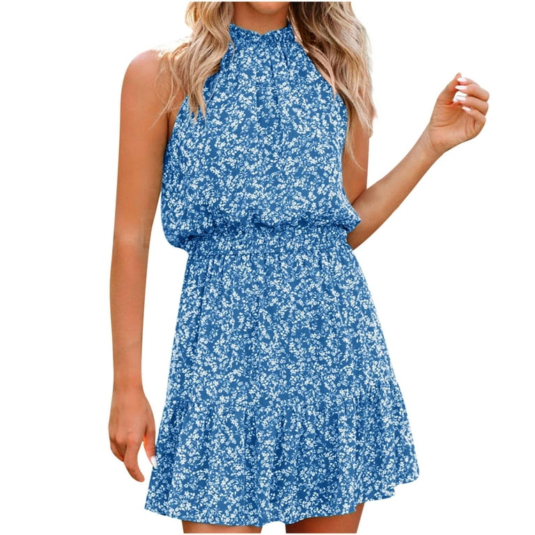 YWDJ Womens Dresses Midi Length Fashion Summer Floral Print Halter Casual  Sleeveless Mini Dress Spring Summer Dresses for Women 2023 Blue XL 