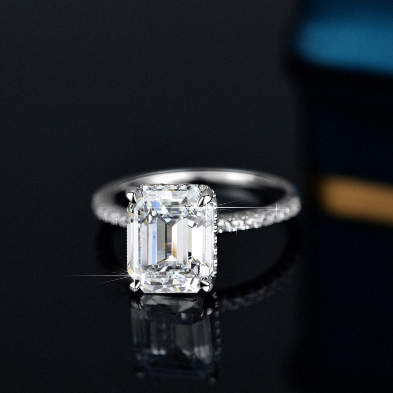 4 Carat Hidden Halo Engagement Ring Emerald Cut Moissanite Ring for Women D Color VVS1 Clarity Diamond Wedding Rings 925 Sterling Silver Rings for Anniversary Promise