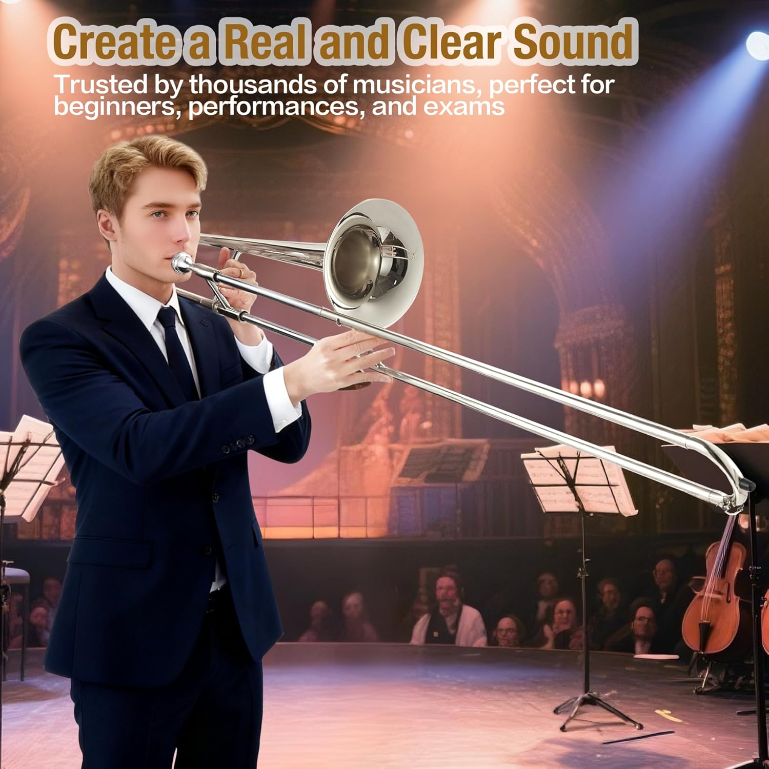 B-Flat Alto Trombone, Nickel-Plated Brass with Mouthpiece, Case, Cleaning Cloth, Gloves & Cleaning Rod, Professional Trombone for Beginners and Musicians