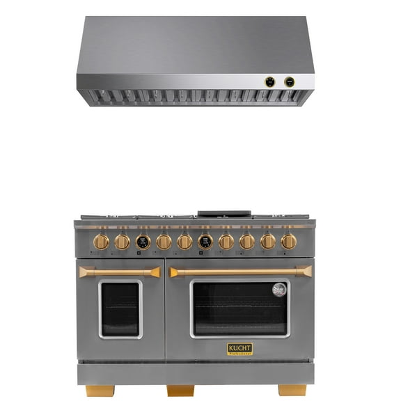 48 in. 6.7. Dual Fuel Range for Natural Gas and Gold   Under Cabinet Range Hood
