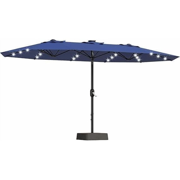 15FT Large Patio Umbrella with Solar Lights, Outdoor Double-Side Rectangular Market Table Umbrella with Base, Crank and Handle, Large Outdoor Umbrellas for Patio Poolside Garden Backyard, Navy Blue