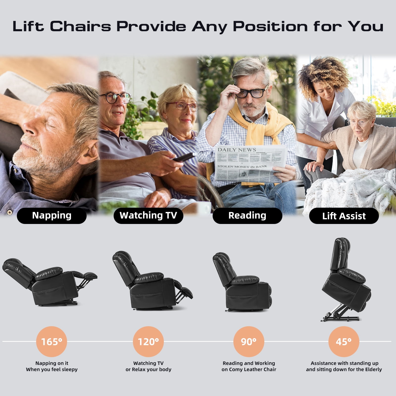 Large Power Lift Chairs Recliners for Elderly with Heated and Massage, Overstuffed Adjustable Lift Chairs, 3 Positions, Breathable Leather, USB-A and USB-C, Cup Holder, Side Pocket, Dark Brown