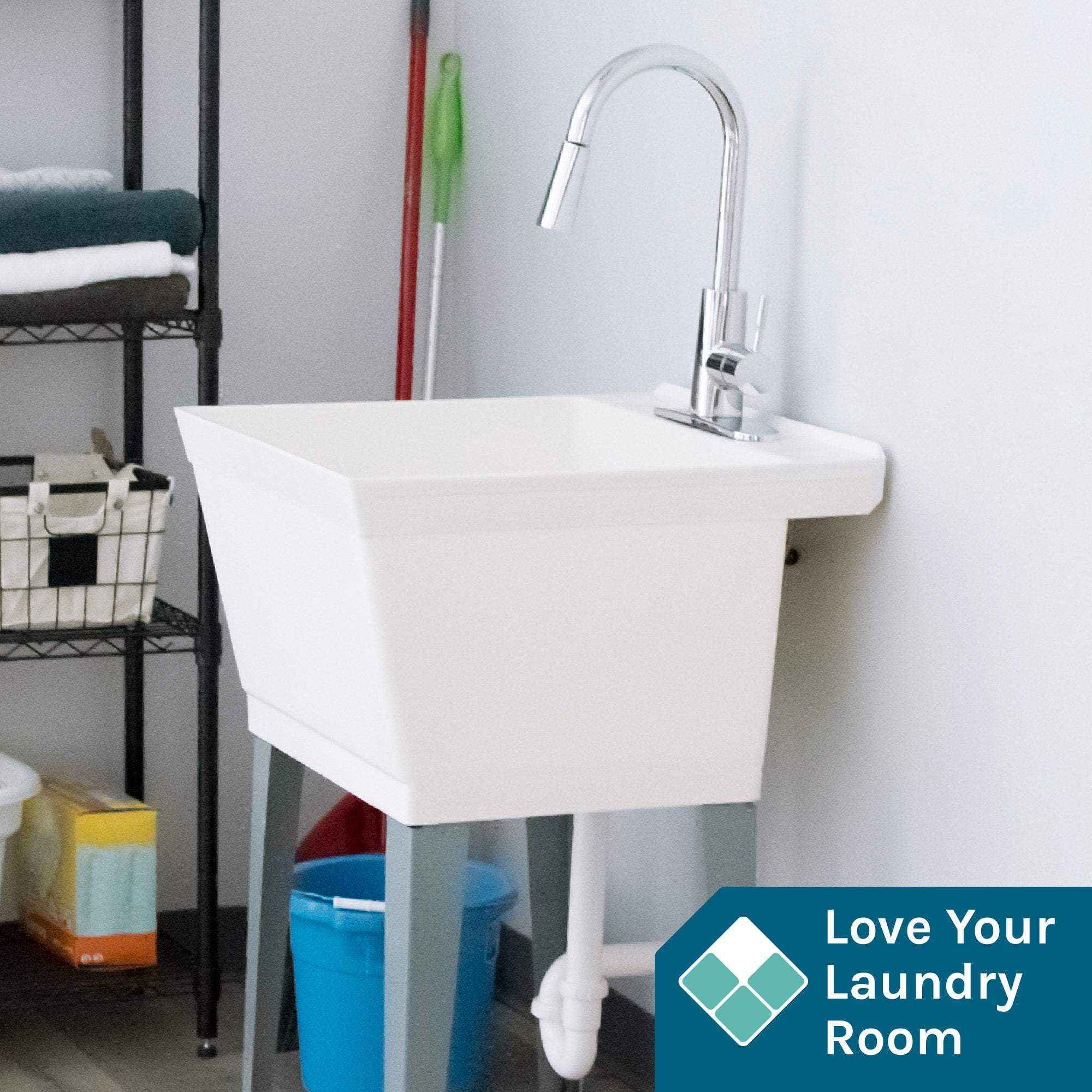 19 Gallon Laundry Sink with High Arc Chrome Pull-Down Kitchen Faucet 6503CP