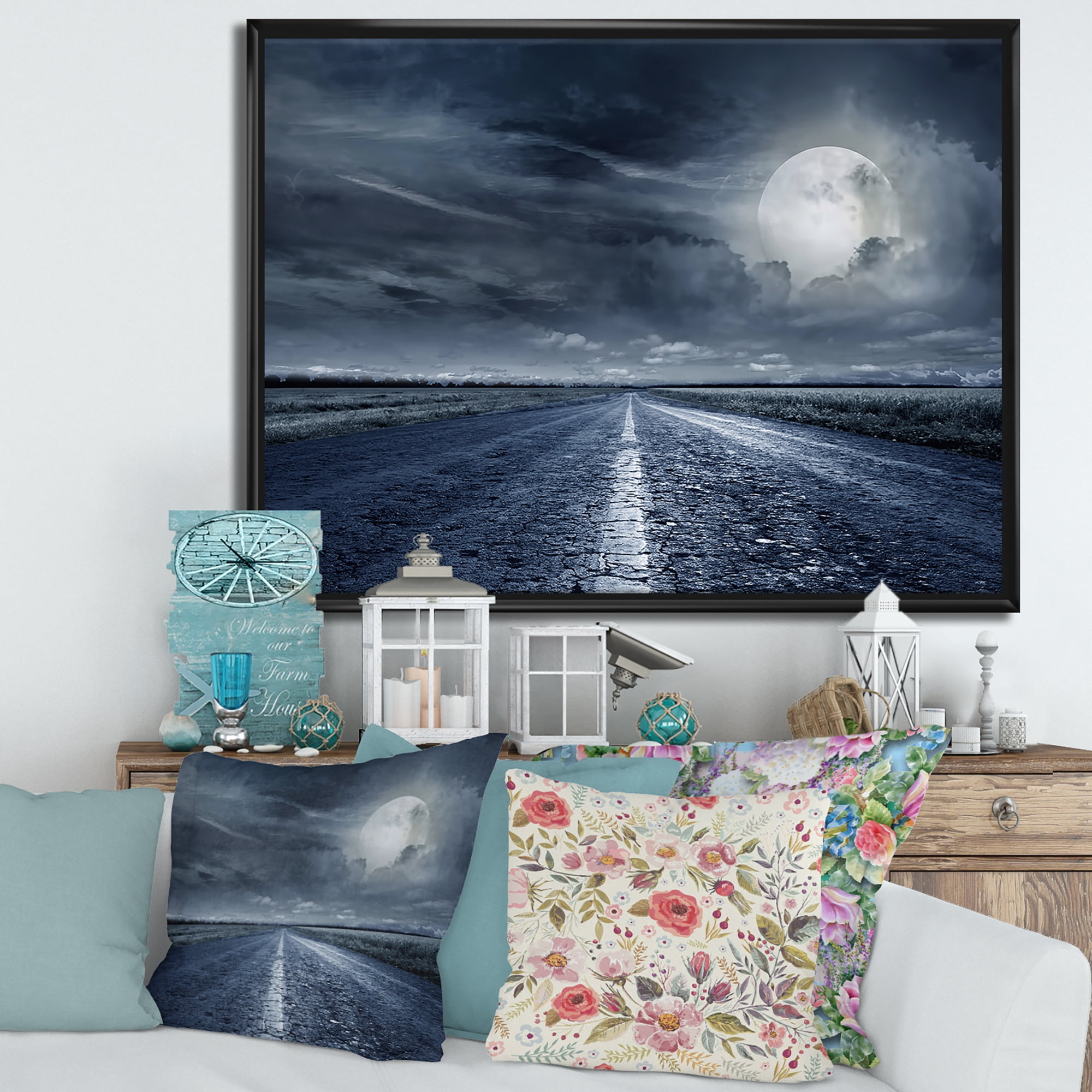 Designart 'Cloudy Full Moon Over Asphalt Road II' Nautical & Coastal Framed Canvas Wall Art Print