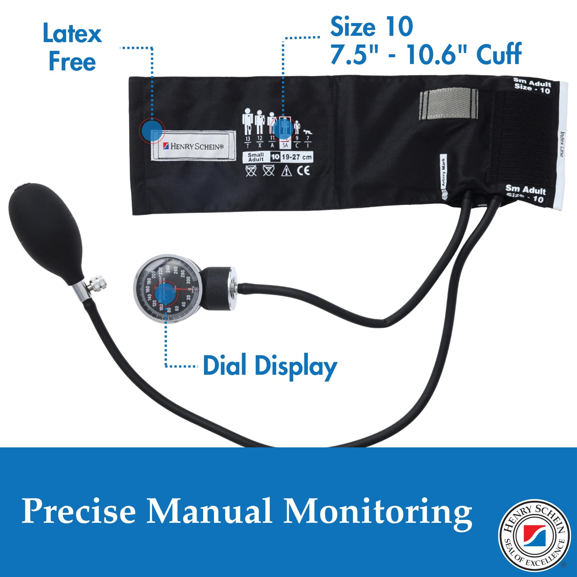 Adult Pro Aneroid Sphygmomanometer – Size 10 (7.5"–10.5") Black Cuff, Manual Blood Pressure Monitor, Reusable, Dial Display, Latex-Free, Includes Leatherette Carrying Case – 1 Count