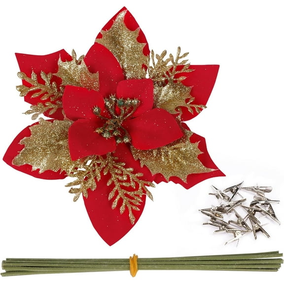 15 Pcs Christmas Poinsettia Flowers Glitter Artificial Flowers Decorations with Clips and Stems for Xmas Tree Wedding Party Wreath Fireplace Ornaments (Red and Gold)