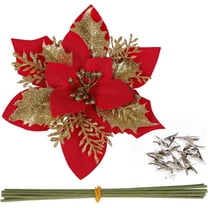 15 Pcs Christmas Poinsettia Flowers Glitter Artificial Flowers Decorations with Clips and Stems for Xmas Tree Wedding Party Wreath Fireplace Ornaments (Red and Gold)