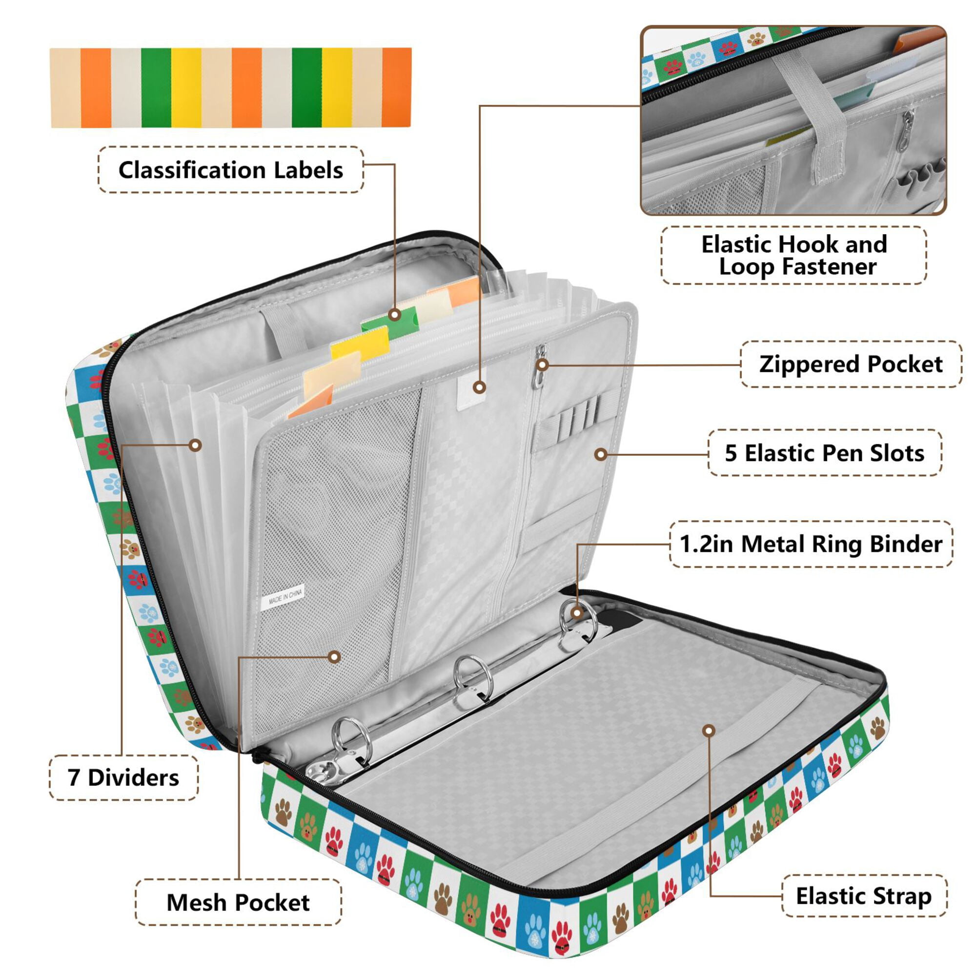 FORMRS Accordion File Folder A4 Size 7-Pocket Expanding Document Organizer Bag with 3 Ring Binder, Christmas Dog Paws Pattern