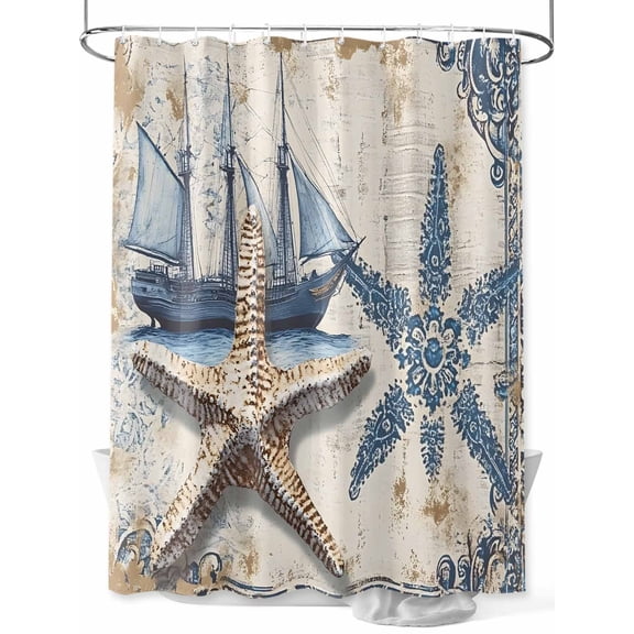 Fsddascl Vintage Nautical Shower Curtain Set - 72" x 78" Washable Bathtub Curtain with 12 Hooks, Summer Coastal Floral Starfish Waterproof Fabric Stall Shower Curtains for Bathroom/Bathtub Décor