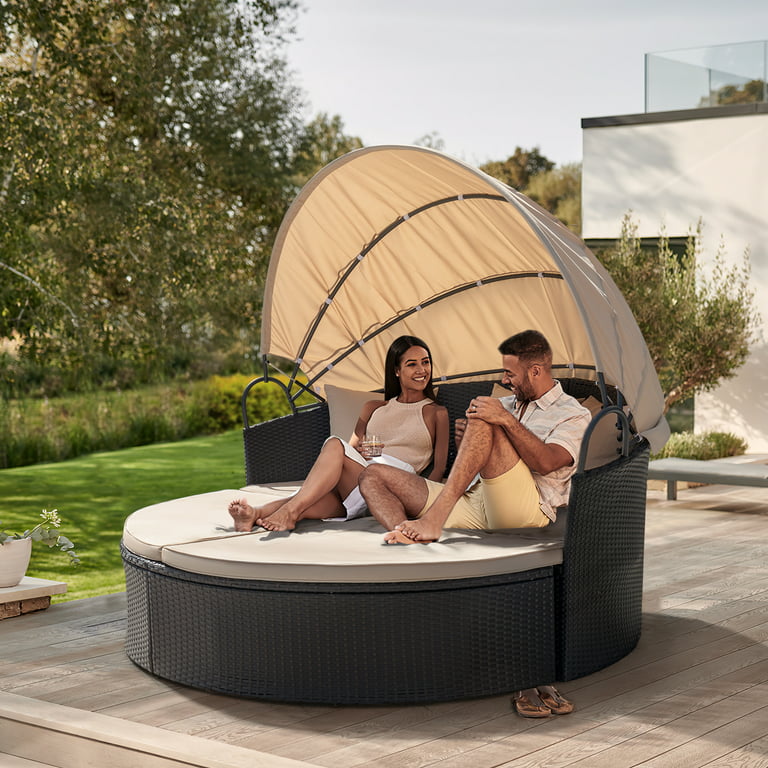 Devoko Outdoor Patio Round Daybed with Retractable Canopy Wicker Furniture Sectional Daybed with Separated Seating, Beige