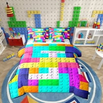 3D Building Blocks 7 Pcs Comforter Set Twin, Colorful Construction Bedding , Rainbow Brick Teal Sheet Set Bed in A Bag Funny Patchwork Geometric Rectangle Quilt