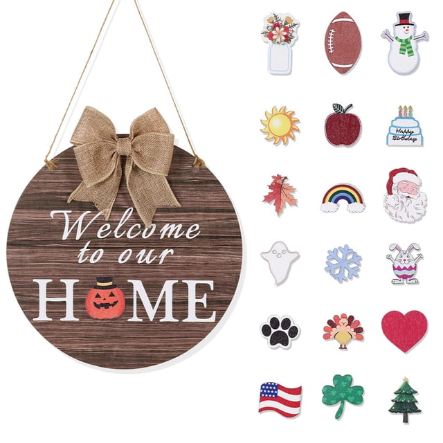 Billuyoard Cartel de bienvenida, placa de para puerta delantera, adorno de decoración de puerta intercambiable colgante con 18 piezas de repuesto Kits de decoración para fiestas Billuyoard HA007592-00