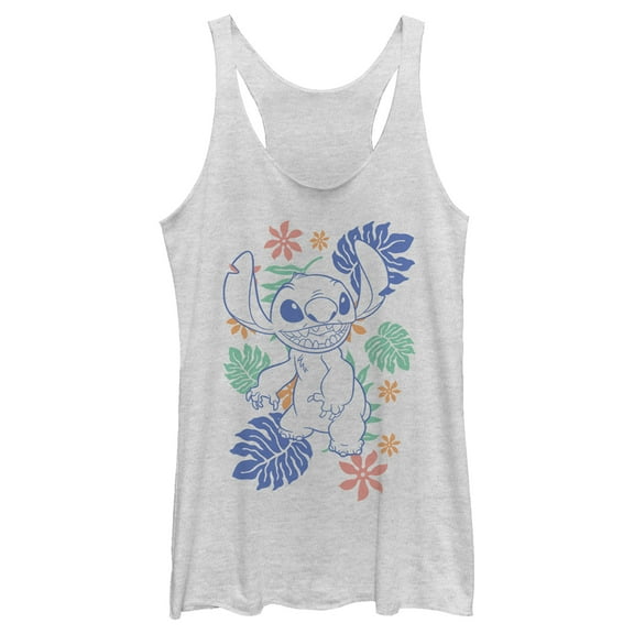 Women's Lilo & Stitch Colorful Tropical Flowers Racerback Tank Top White Heather 2X Large