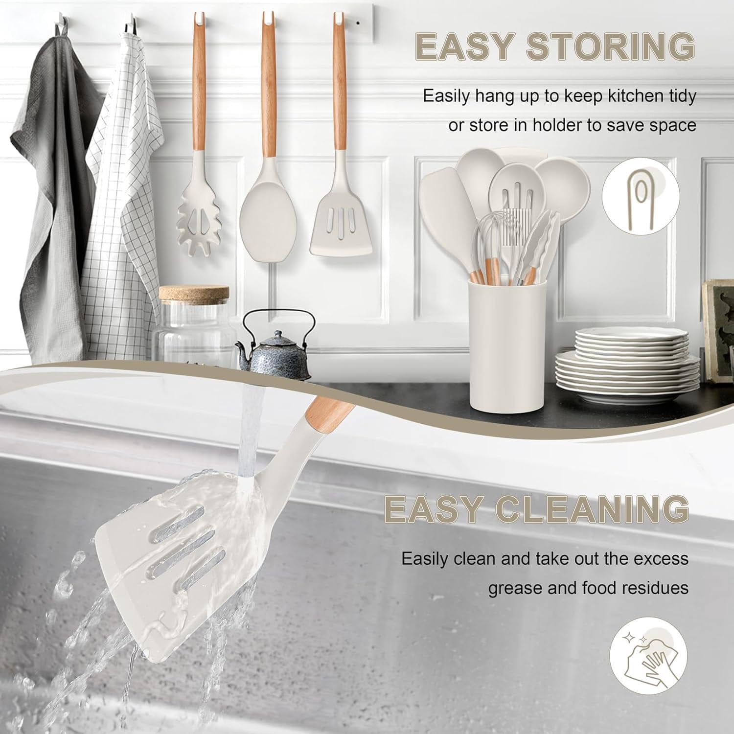 12-Piece Silicone Cooking Utensils Set with Wooden Handles, Heat Resistant Non-Stick Kitchen Gadgets (Khaki)