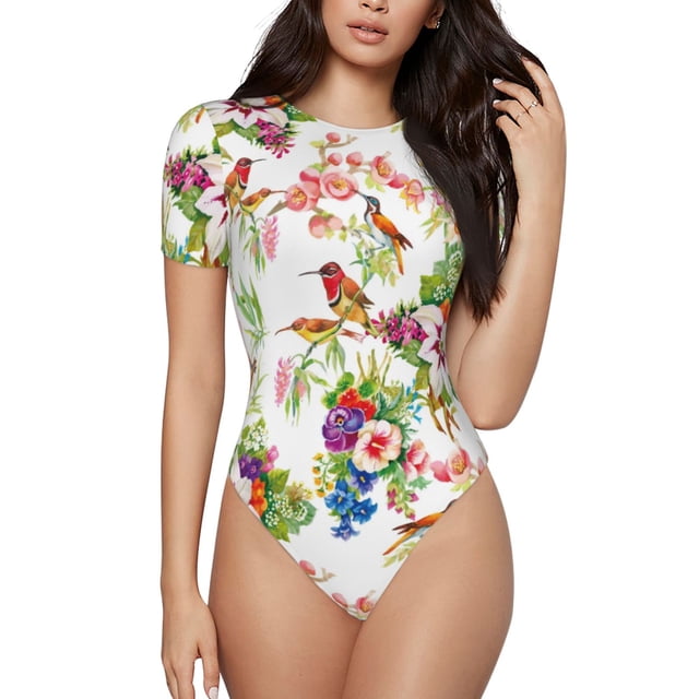 Saiise Motif Oiseaux et Fleurs Grenouillère à Manches Courtes pour Femmes Col Rond Pyjama Justaucorps Extensible avec Fermeture à Pression-TG