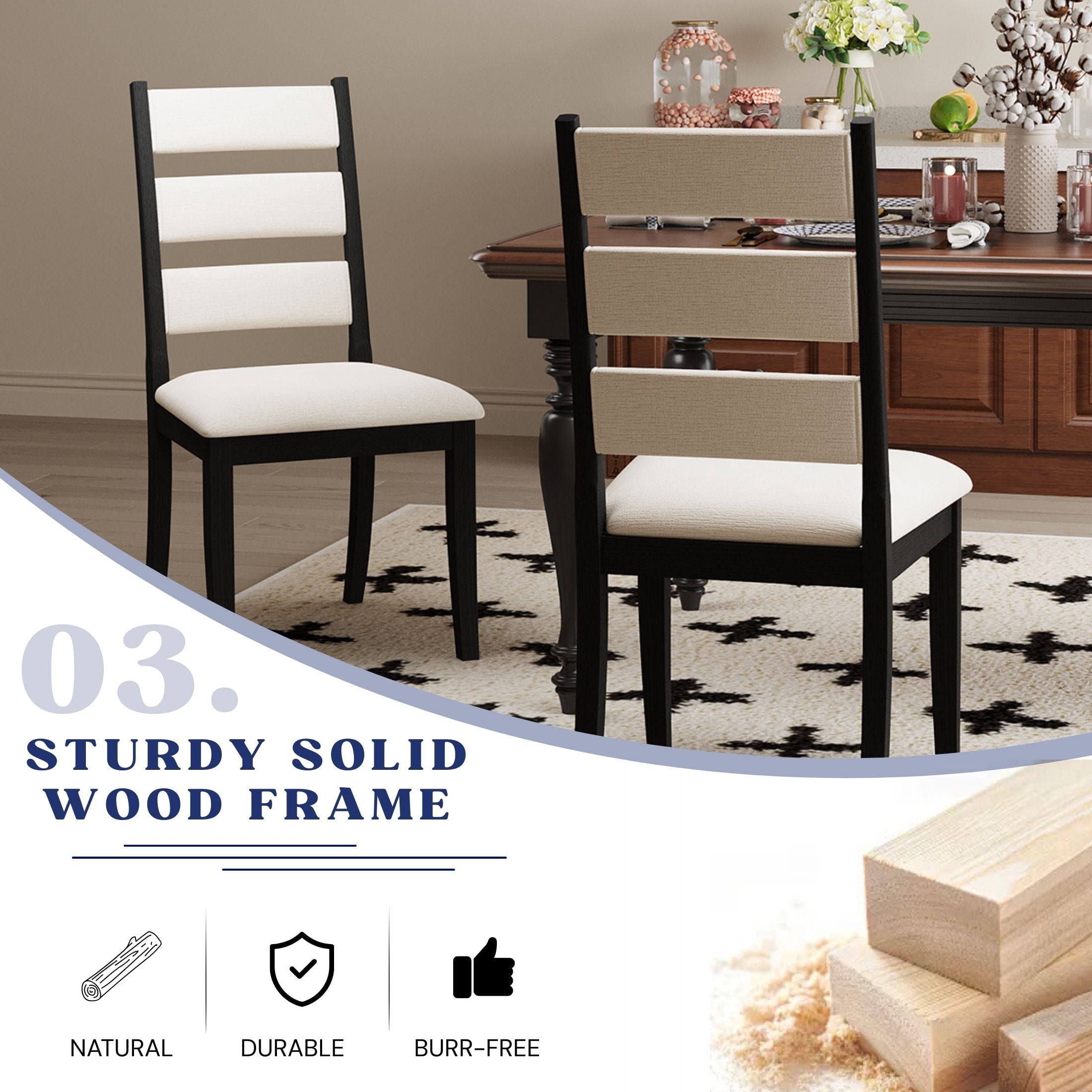 Dayalane Farmhouse Dining Chair Set of 2, Ladder High Back Kitchen Chairs with Upholstered Cushioned Seat for Dining Room, Kitchen Side Chairs Living Room, Restaurant, Beige