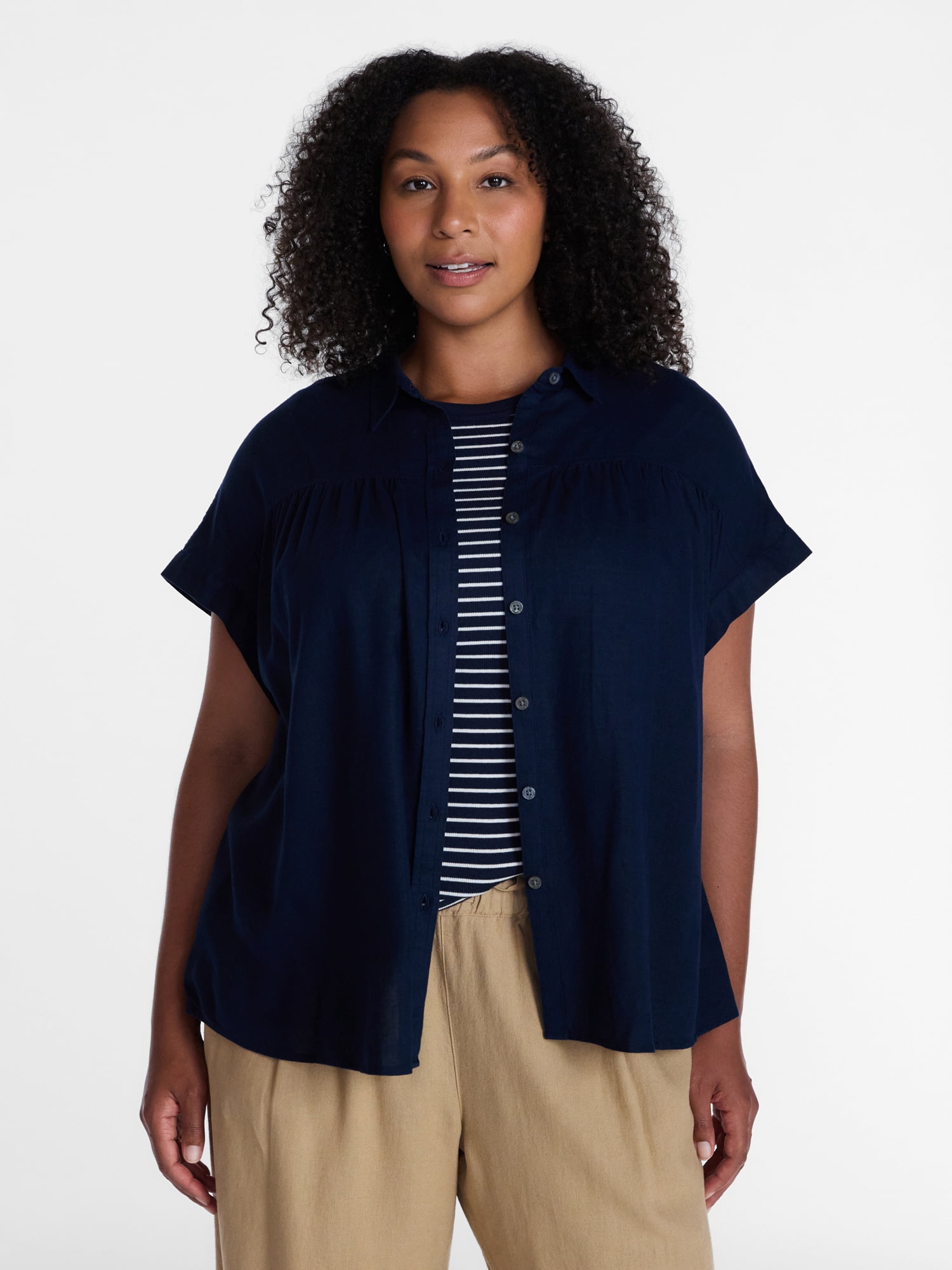 Time and Tru Women's Camp Shirt with Short Sleeves, Sizes XS-XXXL