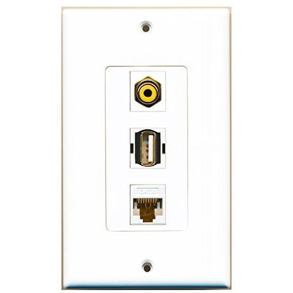 RiteAV - 1 Port RCA Yellow and 1 Port USB A-A and 1 Port Cat6 Ethernet White Decorative Wall Plate Decorative