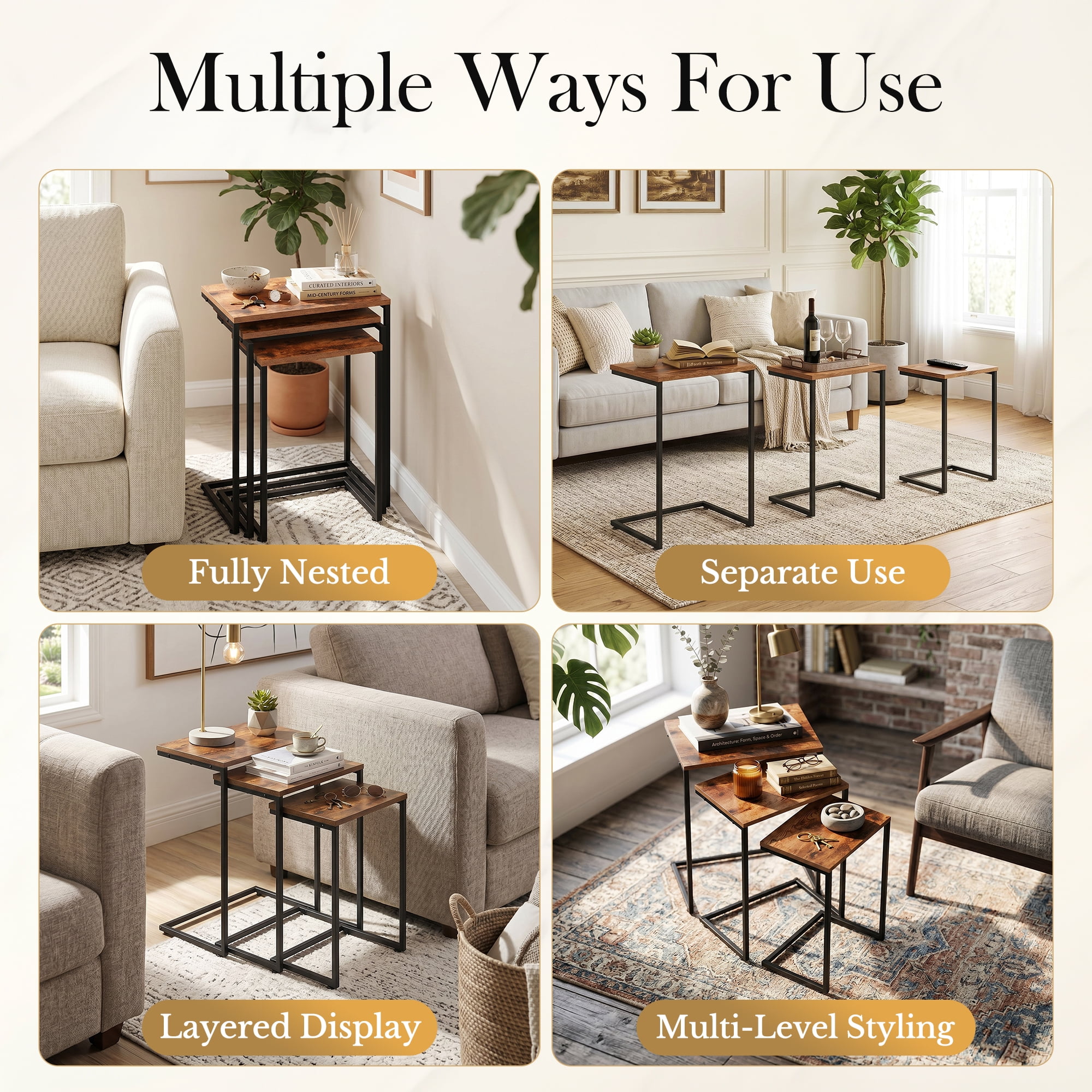HomGarden Set of 3 Industrial Nesting Sofa Side Table Indoor MDF C-shaped Stacking End Table Rustic Brown