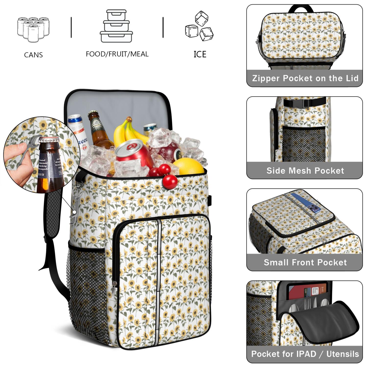 Travel Cooler Bag - White Sunflower Camping Beer Cooler Backpack with Bottle Opener- Waterproof Insulated Picnic Backpacks - Cooler Bag for Beach