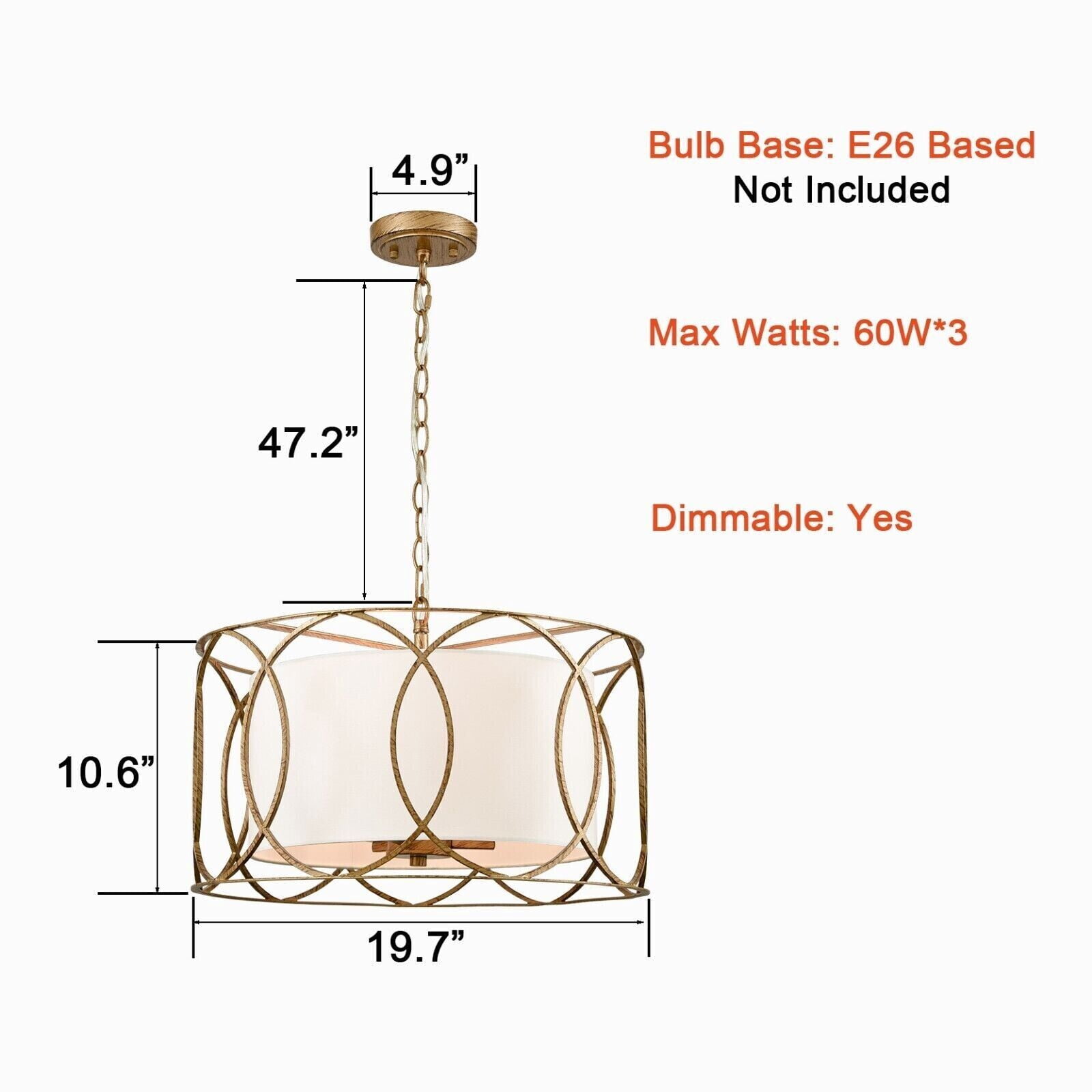 Brass Drum Pendant Light 3-Light Dining Table Fixture with White Linen Diffuser