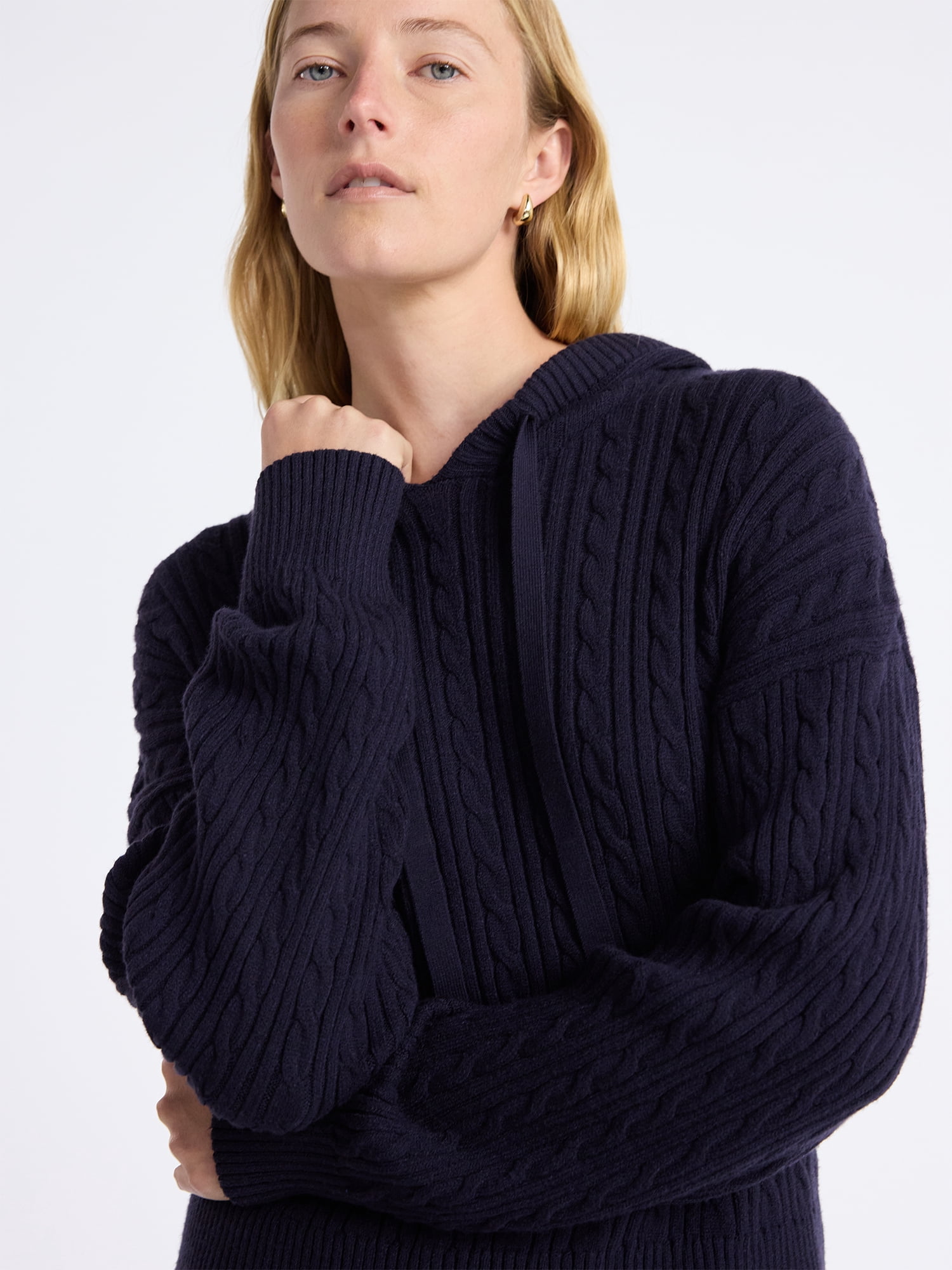 Free Assembly Women's Cozy Yarn Cable Knit Hoodie Sweater, Midweight, Size XS-XXL