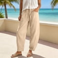 thumbnail image 2 of FINALGANG Womens Solid Color Barrel Pants With Drawstring Elastic High Waist Pockets For Casual Daily Wear Beach Vacations Summer Loungewear Beige, 2 of 5