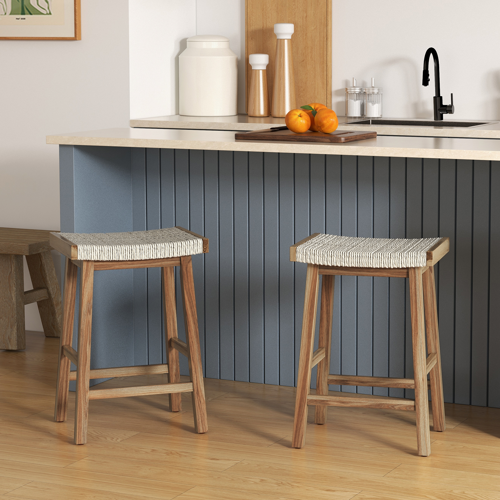 BLACK JAGUAR Bar Stools Set of 2 25.5” Counter Height Bar Stools with Seagrass Woven Seat Solid Wood Frame & Comfortable Footrests