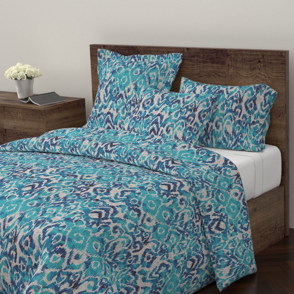 Ikat Peacock Blue Modern Sateen Duvet Cover by Roostery