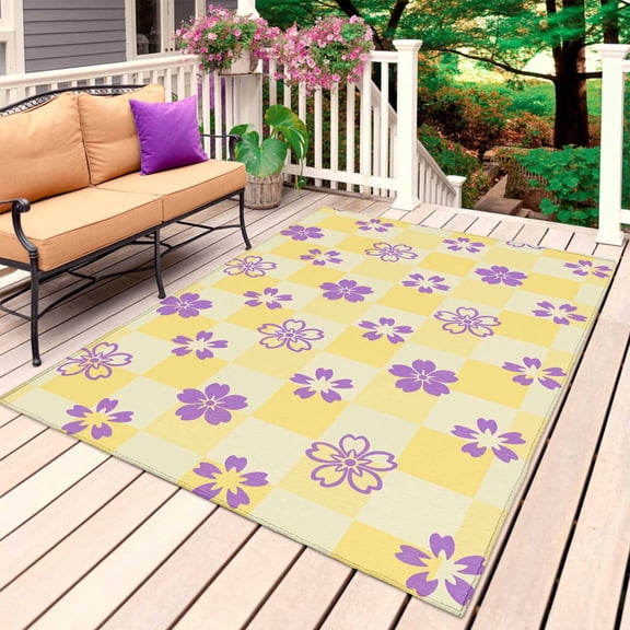 Purple Flowers Outdoor Rug for Patio/Deck/Porch, Non-Slip Large Area Rug 3 x 5 Ft, Japanese Yellow Checkered Floral Plaid Indoor Outdoor Rugs Washable Area Rugs, Reversible Camping Rug Carpet Runner