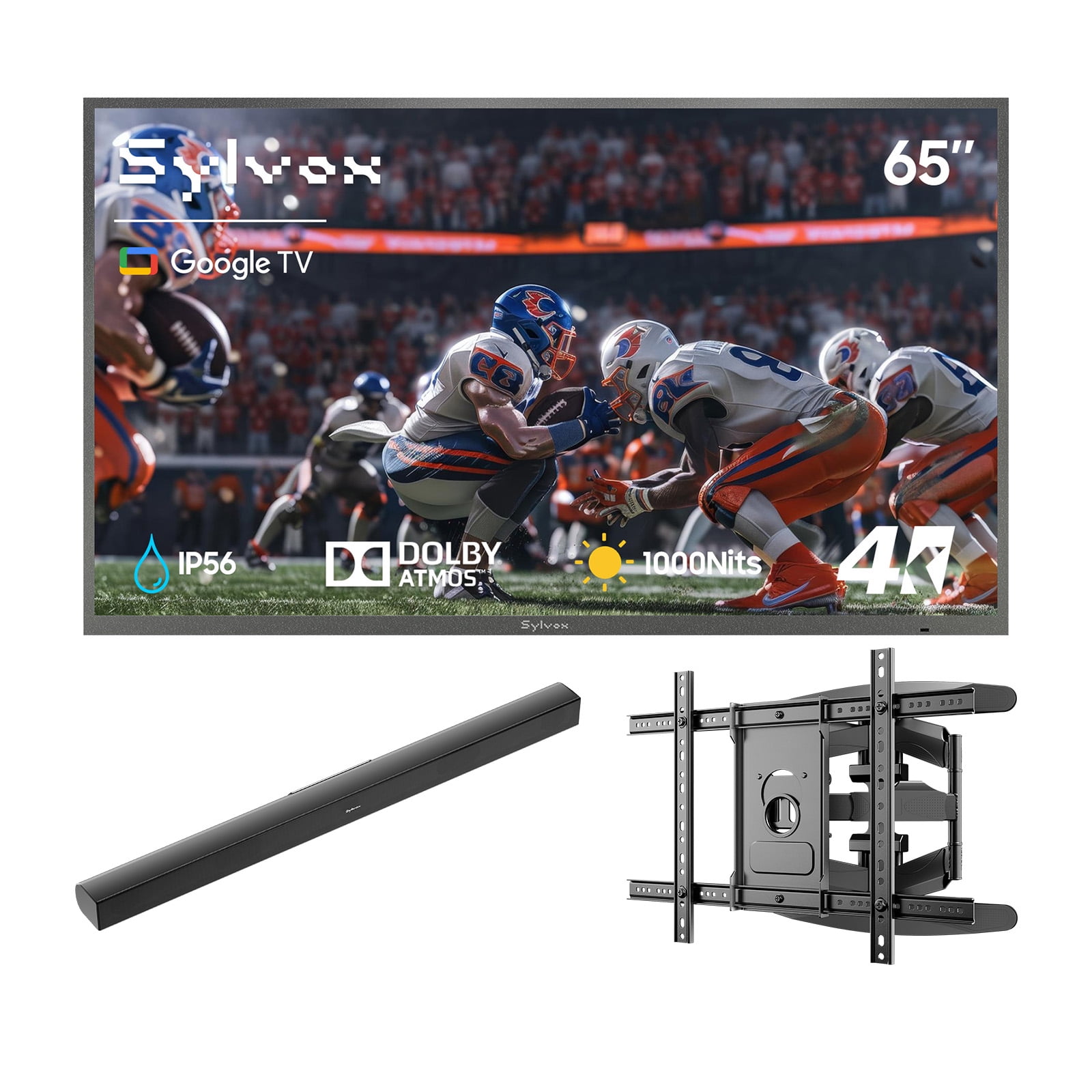 SYLVOX 65" Outdoor TV with Mount & Soundbar, 4K UHD Google TV for Partial Sun Outside 1000nit Brightness, IP55 Weatherproof, Dolby Atmos, Voice Remote (Deck Pro 3.0)